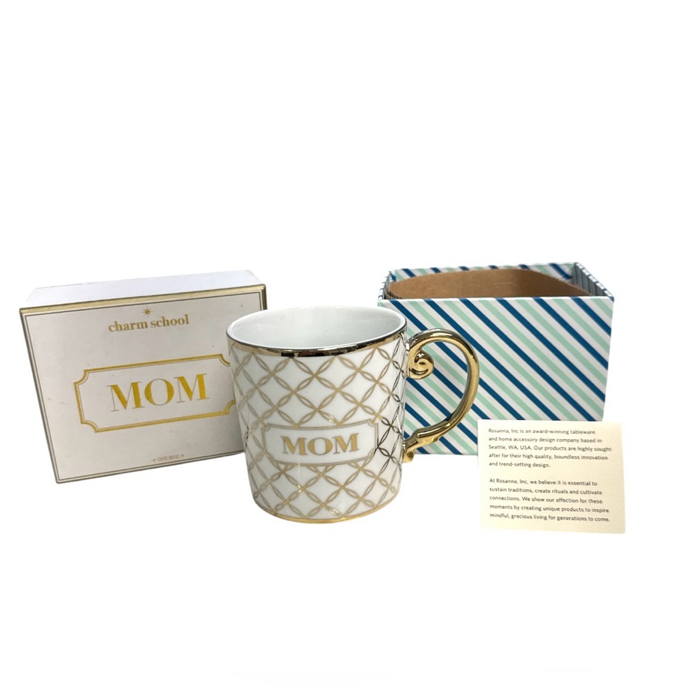 ROSANNA Charm School Porcelain Gold and White Mom Mug Prepackaged